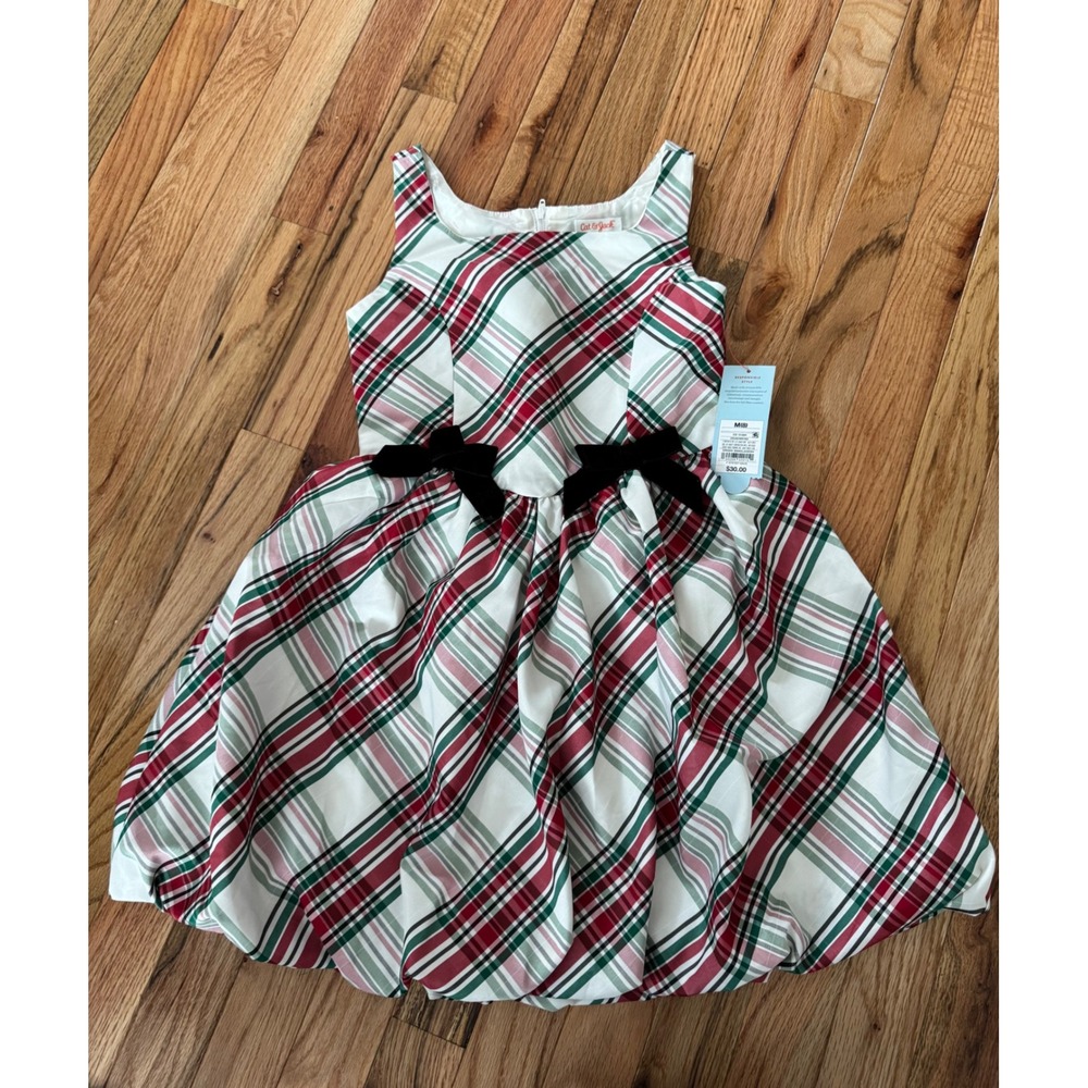 Cat & Jack Girls Red Green Plaid Holiday Dress Velvet Bows Bubble Hem Size M 8